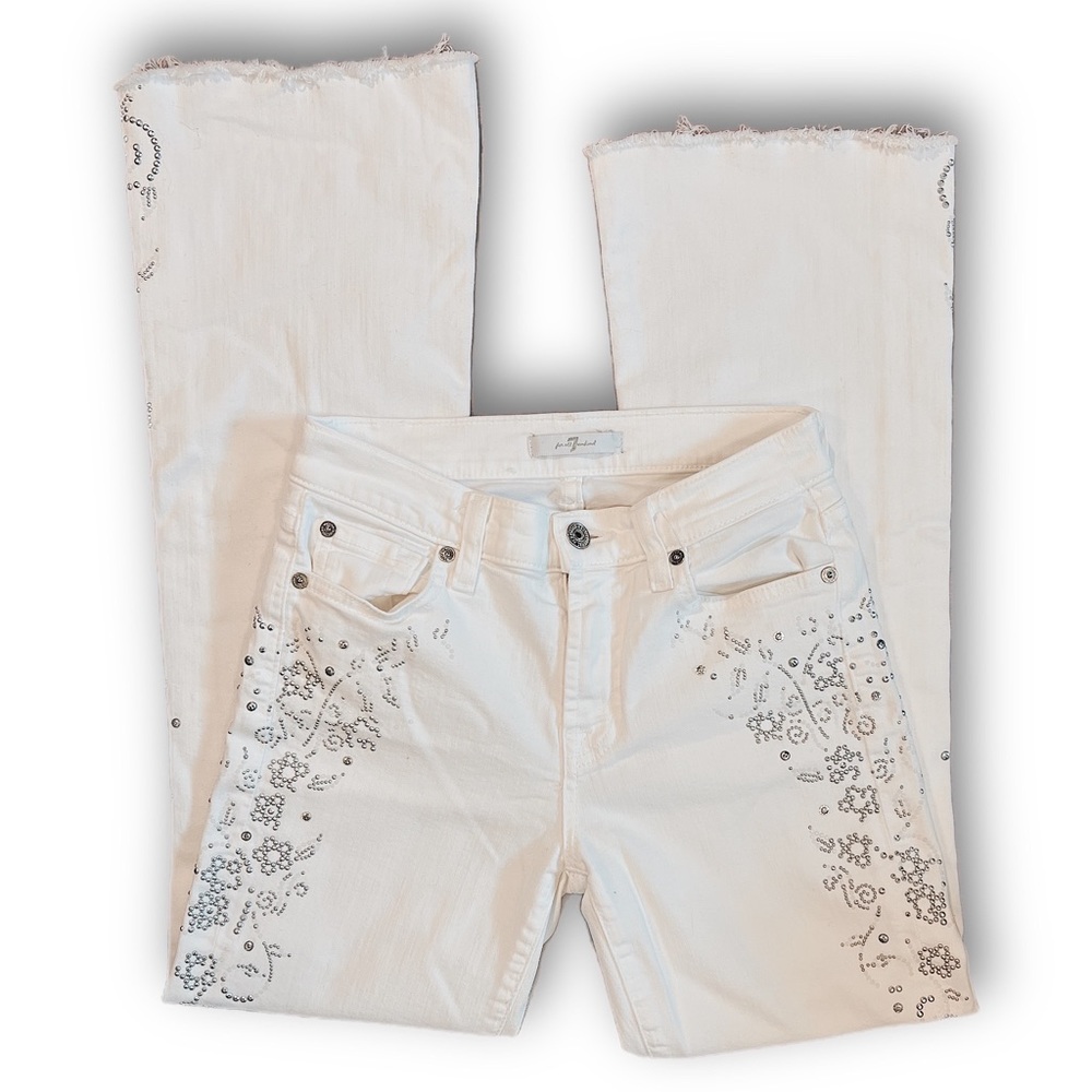 7 For All Mankind Embellished White boot-cut stretch-denim jeans sz 25